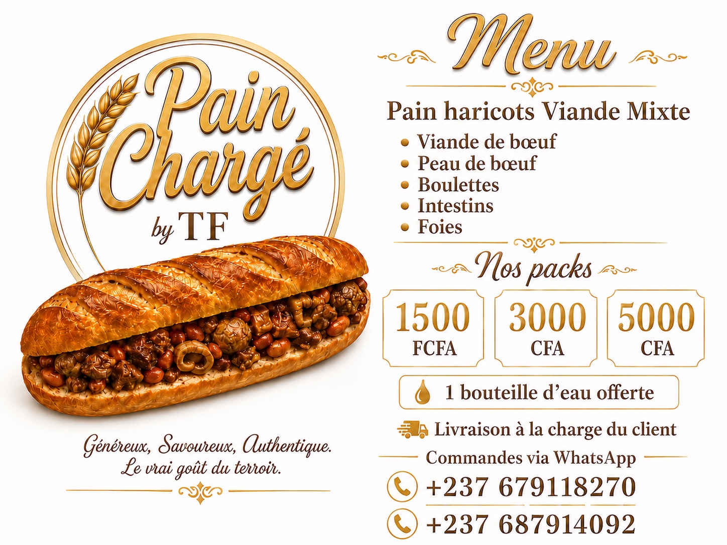 Pain Chargé by TF menu with packs and WhatsApp numbers